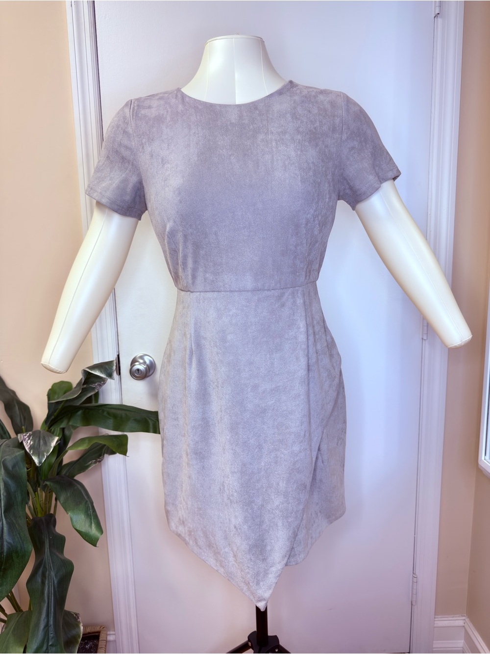 AQUA Women's Short Sleeve Faux Suede Dress in Light Gray